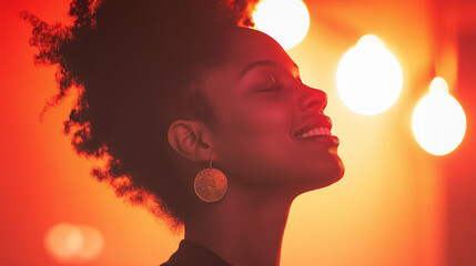 Smiling young African woman with curly hair illuminated by warm light against soft red background