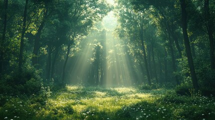 Fototapeta premium Sunlit forest path, green trees, wildflowers.