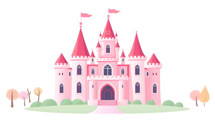 Obraz premium Pink castle flat design vector illustration, beautiful fairytale castle clip art image, magical princess castle vector clipart, isolated on white background. Generative AI