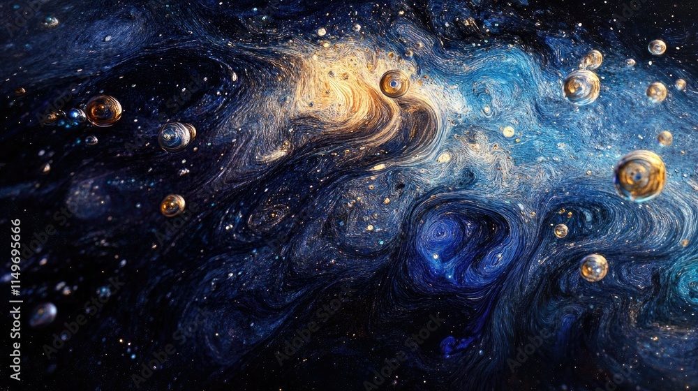Poster abstract view of shimmering bubbles floating upwards in water, highlighted against a deep, dark back