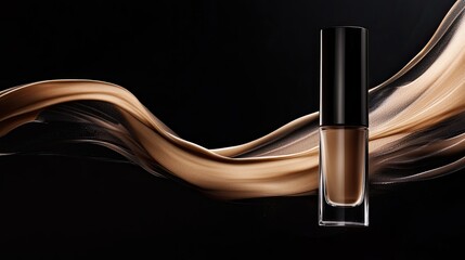 Naklejka premium Artistic shot of a foundation concealer bottle with liquid foundation swirling dynamically around it.