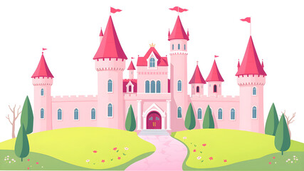 Fototapeta premium Pink castle flat design vector illustration, beautiful fairytale castle clip art image, magical princess castle vector clipart, isolated on white background. Generative AI
