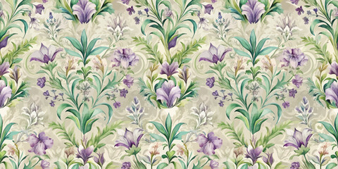 Elegant floral pattern with purple and green hues on a soft, light background.