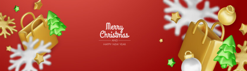 Christmas and New Year Sale. Bright realistic 3d holiday object design, shopping bag, gift box. Promo sale, advertising banner, web poster. vector illustration