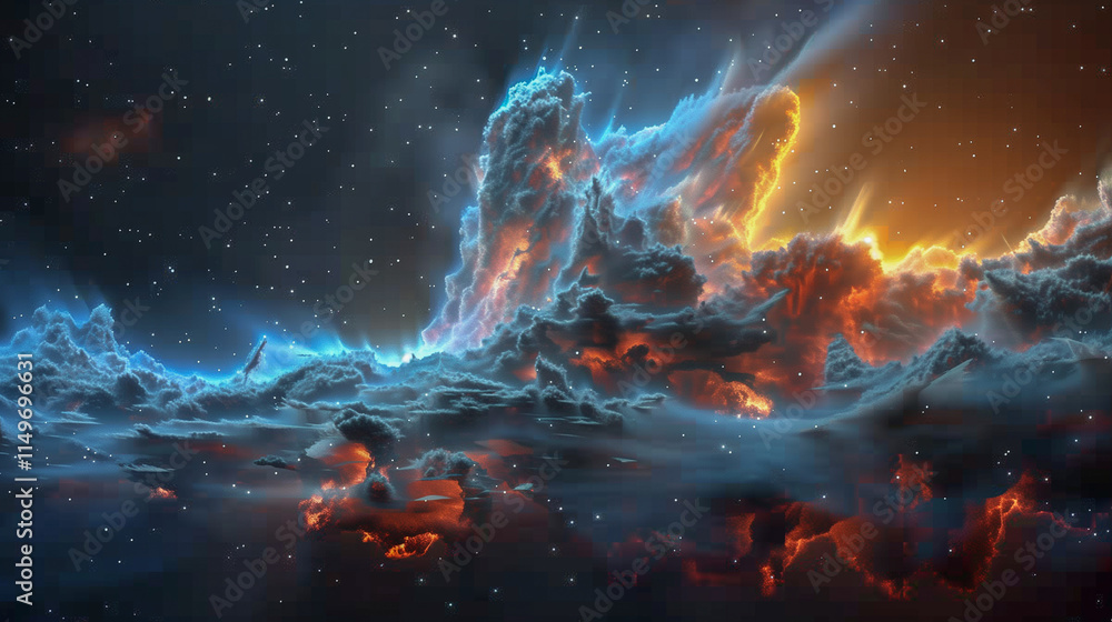 Poster cosmic nebula with fiery and icy clouds in deep space