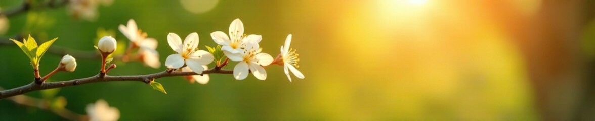 Fototapeta premium A fragrant jasmine sprig branch stretches towards the warm sunlight on a summer day, flowering plant, sunny day