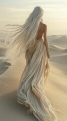 A mystical woman with long white hair moves gracefully across the dunes, her flowing gown shimmering in the warm sunset light, creating an enchanting atmosphere of tranquility