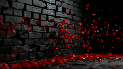 Fototapeta premium Dynamic Red Cubes Exploding Against Dark Brick Wall