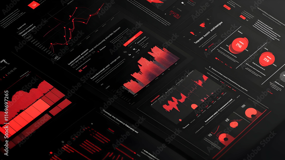 Poster a dark-themed dashboard displaying various data visualizations and analytics.