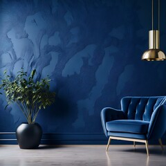 "Textured navy blue stucco wall, creating a bold and modern design feature in a luxurious space."
