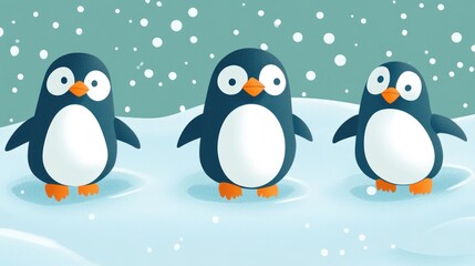 Obraz premium Three cute penguins standing on snow in winter.