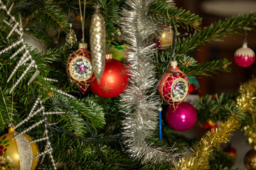 Christmas Bauble on Tree. Festive decorations on a Christmas tree.