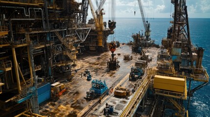 Detailed View of Offshore Oil Rig Platform at Sea Under Bright Sky
