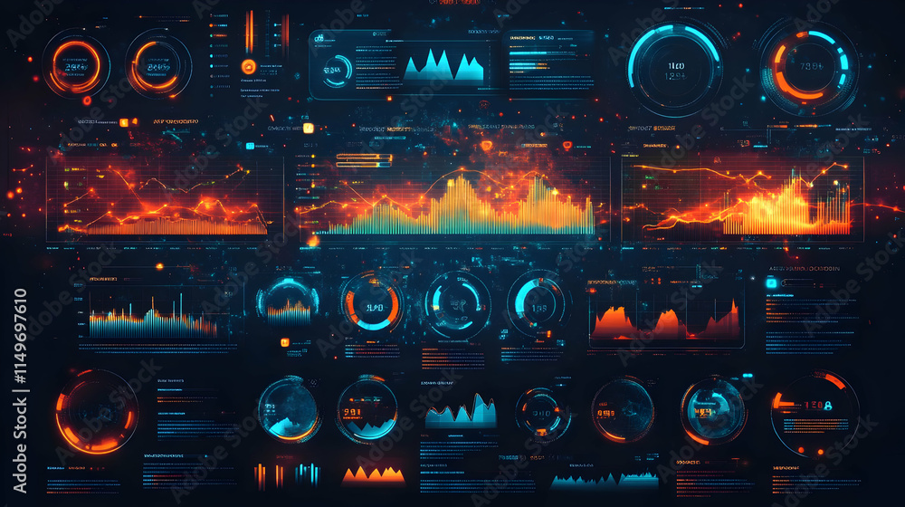 Poster a digital dashboard displaying data visualizations and analytics in vibrant colors.
