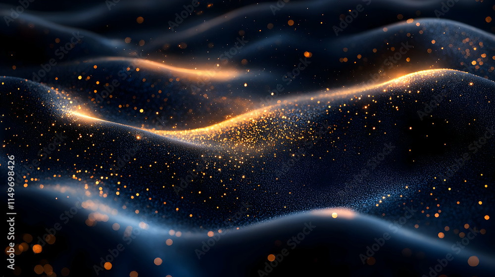 Poster abstract depiction of flowing waves with glowing particles, suggesting movement and depth.
