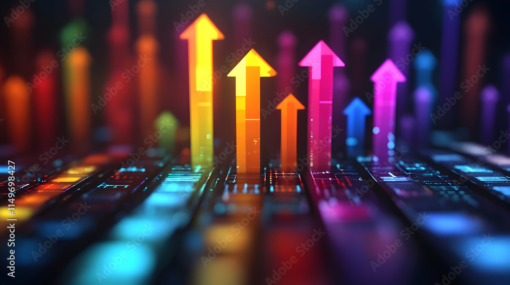 Poster a vibrant digital representation of upward trends with arrows on a keyboard-like background.