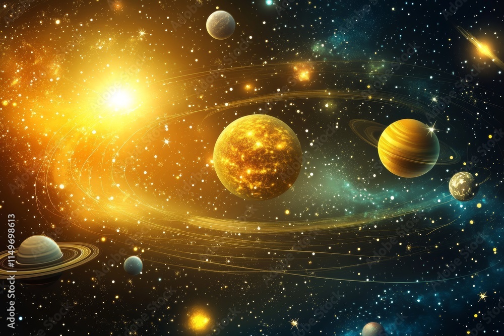 Poster abstract cosmic background featuring a diverse solar system with multiple stars in space