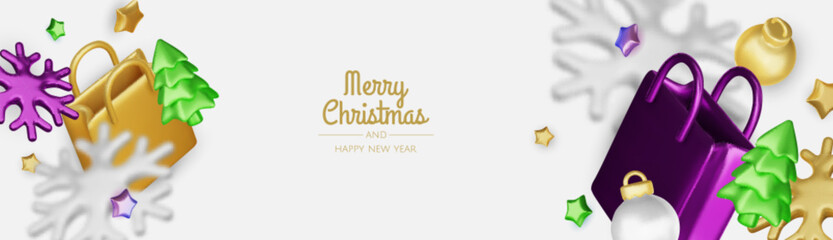 Christmas and New Year Sale. Bright realistic 3d holiday object design, shopping bag, gift box. Promo sale, advertising banner, web poster. vector illustration