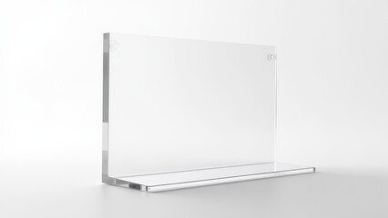 A photorealistic image of a clear acrylic sign holder on a pure white background, featuring polished edges and a modern, minimalist design illuminated by soft, even lighting.