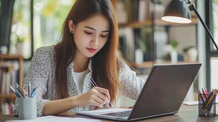 Fototapeta premium Young Woman Writing on Paper While Using Laptop in Modern Office