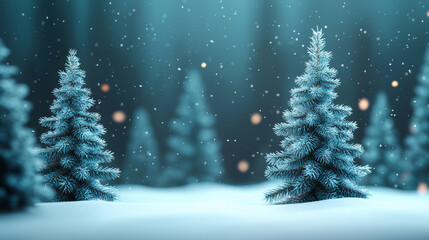 Obraz premium serene winter forest scene with snow covered trees and soft glowing lights