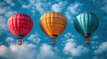 Naklejka premium Three hot air balloons float amidst fluffy clouds.
