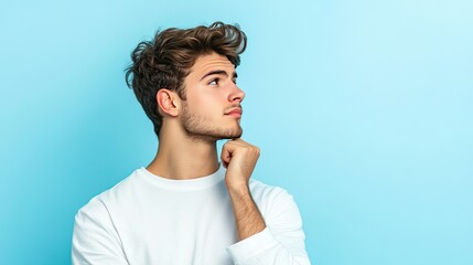 Thoughtful Young Man Contemplating Ideas Against Blue Background