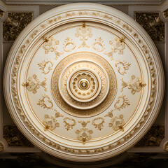 Naklejka premium Elegant Golden-Accented Ivory Ceiling Design with Classic Chandelier