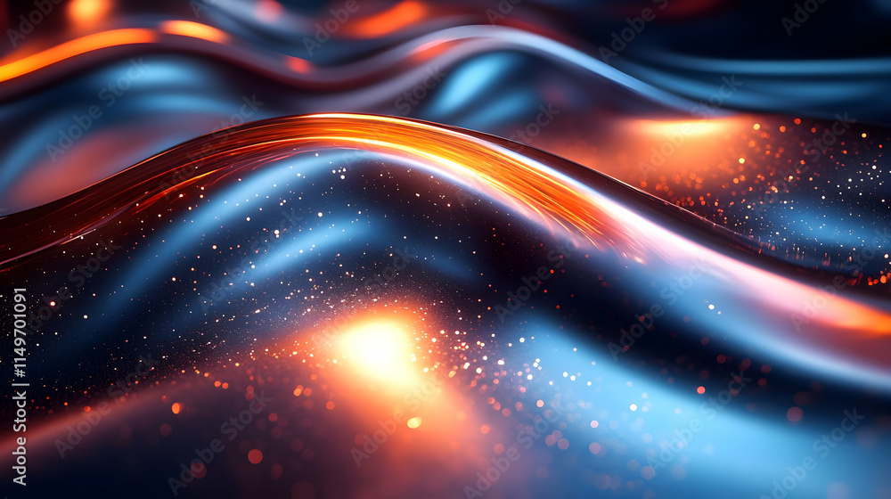 Poster abstract waves of shimmering blue and orange light with sparkles, creating a dynamic visual effect.