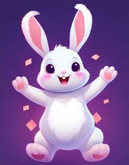 Fototapeta premium Cheerful cartoon rabbit spreading arms, rejoicing with colorful confetti on bright purple backdrop, ideal for festive children's designs