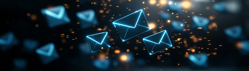Digital email notifications with glowing envelopes flying in a dark background.