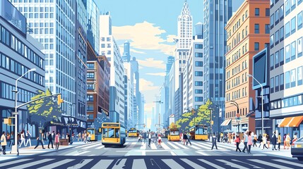 A cartoon style city street with tall buildings, people walking, and buses.