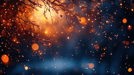 Snowy branches with bokeh lights at sunset.