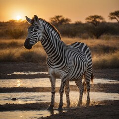A striking zebra standing near a watering hole at sunset.