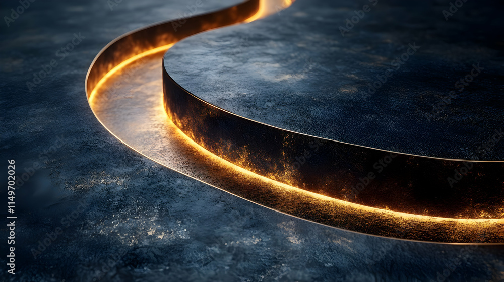Poster a glowing, curved line on a textured surface, creating a dynamic visual effect.