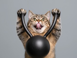 A playful cat lifts a kettlebell, looking energetic and humorous, showcasing a fun blend of fitness and feline antics.