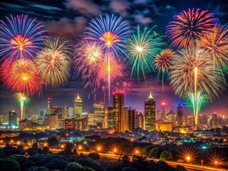 Obraz premium Stunning Panoramic Fireworks Display at Night Over City Skyline