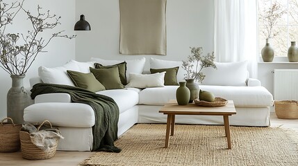 Modern living room with white sectional sofa, green throw, and natural decor.