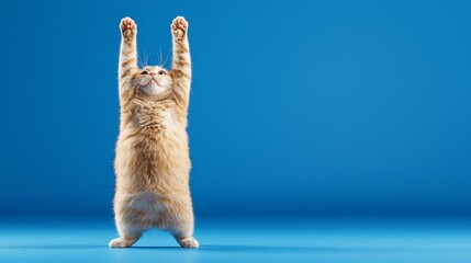 A playful orange kitten stands on its hind legs against a bright blue background, reaching up with its paws in a cute and humorous pose.