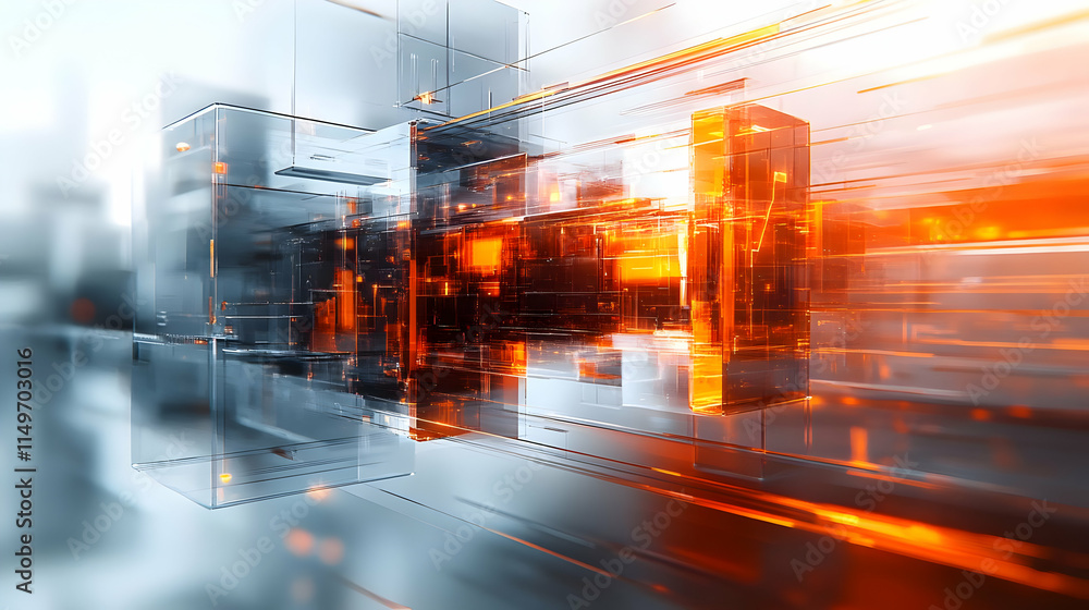 Poster abstract digital composition with glowing cubes and dynamic lines in orange and blue hues.