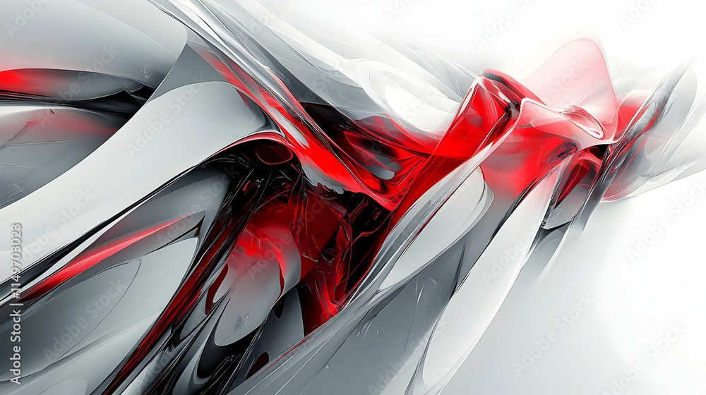 Poster abstract composition of flowing shapes in red and white, evoking movement and fluidity.