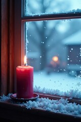 An icy winter scene with an Advent candle placed on a frosty window sill, winter scene, snowflakes, ice