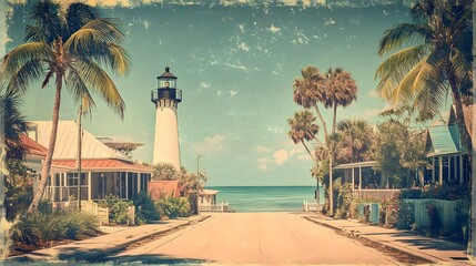 Obraz premium Coastal Town Street Scene Featuring a Lighthouse