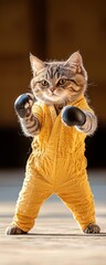 A playful cat dressed in a yellow outfit stands in a fighting pose, exuding confidence and charm in a light-hearted, whimsical scene.