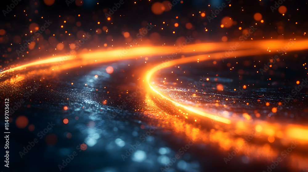 Poster abstract glowing lines with sparkles on a reflective surface, creating a dynamic visual effect.