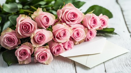 Greeting card mockup with a pink rose bouquet and a matching envelope, styled elegantly on a clean white wooden surface.
