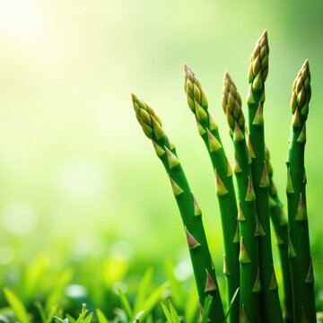 Asparagus spears in the field during early morning hours with dew, asparagus, green