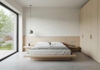 Interior room with a minimalist design bed.