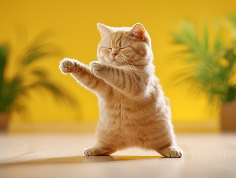 A playful cat dances happily against a bright yellow background, surrounded by green plants, showcasing its adorable and lively personality.