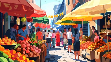 Obraz premium A cartoon illustration of an outdoor market with colorful buildings, produce, and people.